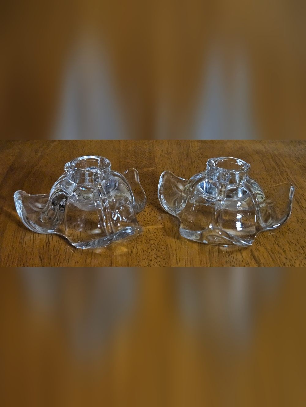 Vintage Duncan Miller Candle Holders Clear Glass Trillium Flower Blossoms Pedals